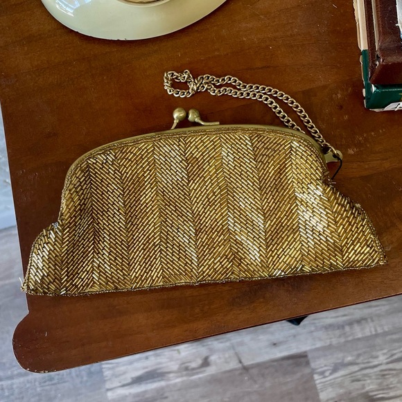 Vintage The Limited Handmade Gold Beaded KISS Lock Snap Clutch Wristlet Bag - Picture 4 of 8